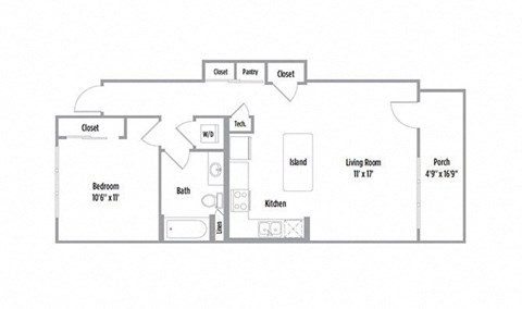 Floor plan for 1 bed, 1 bath, 722 sqft